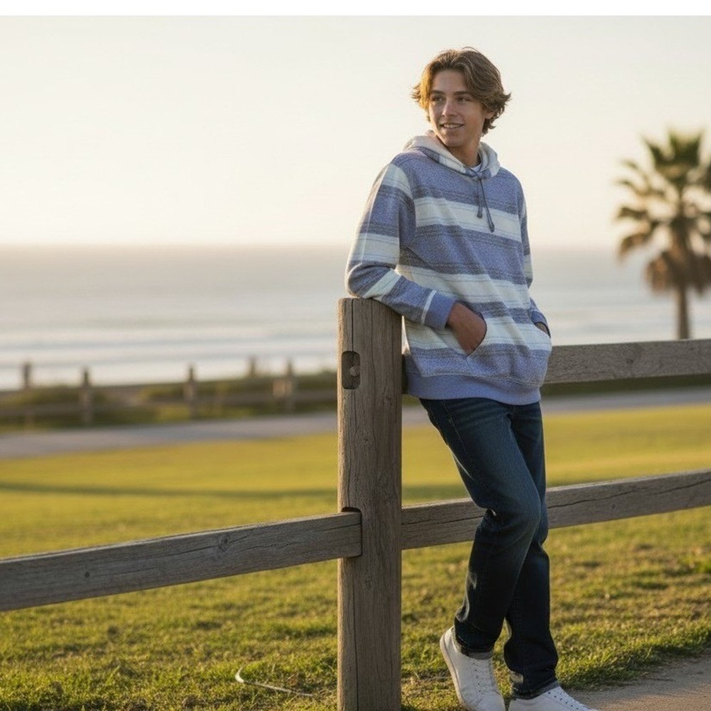 Quiksilver Baja Hoodie Youth L Blue Striped Kangaroo Pocket Long Sleeve Pullover